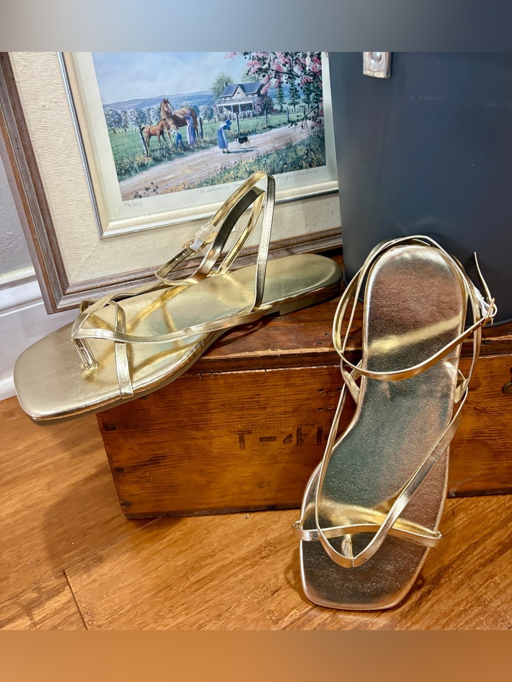 Shein New! Sandals Metallic Gold Strappy Ankle Wrap Strap Summer Gladiator 7.5